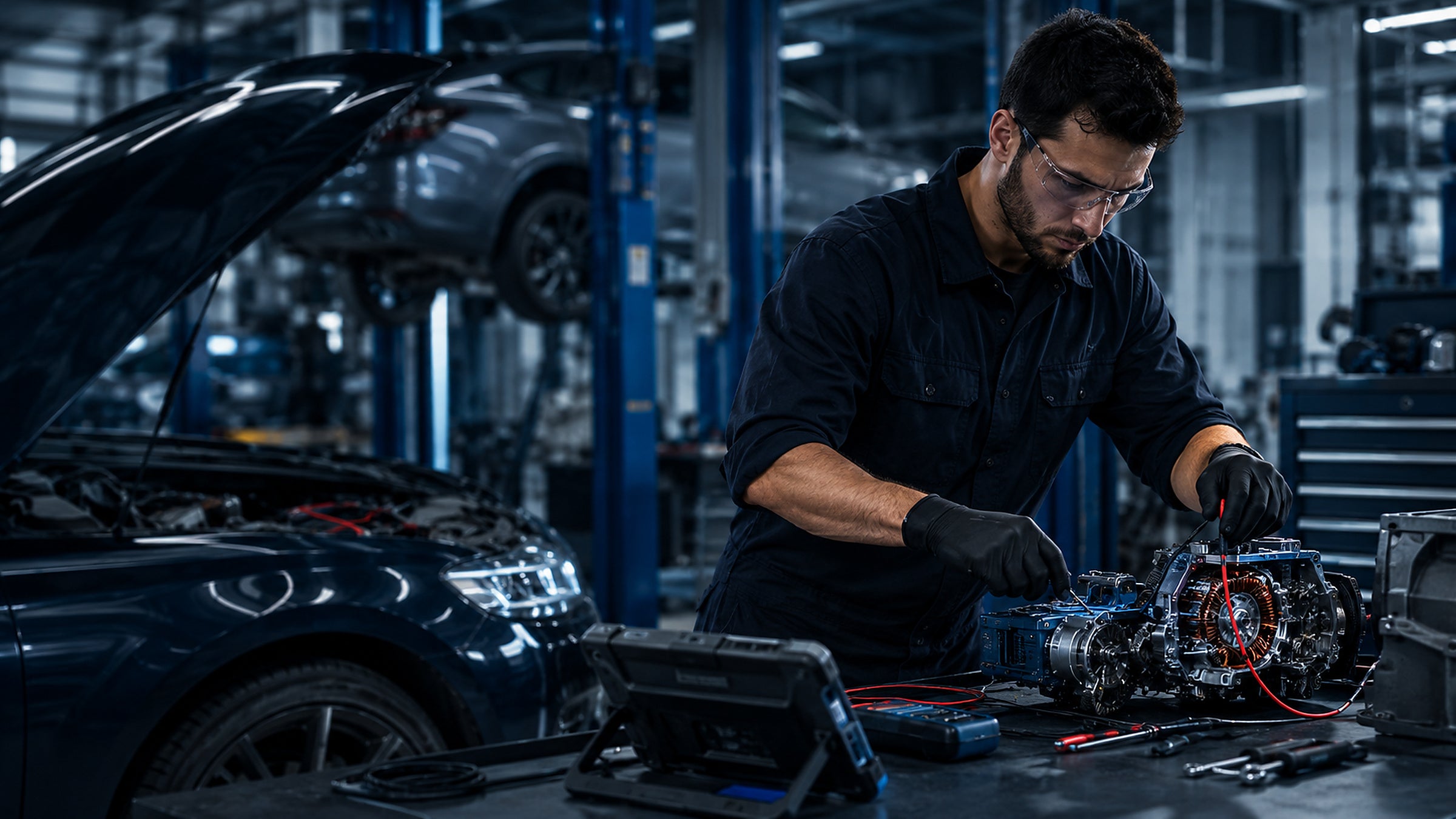 Automotive technician diagnosing a vehicle in a modern workshop